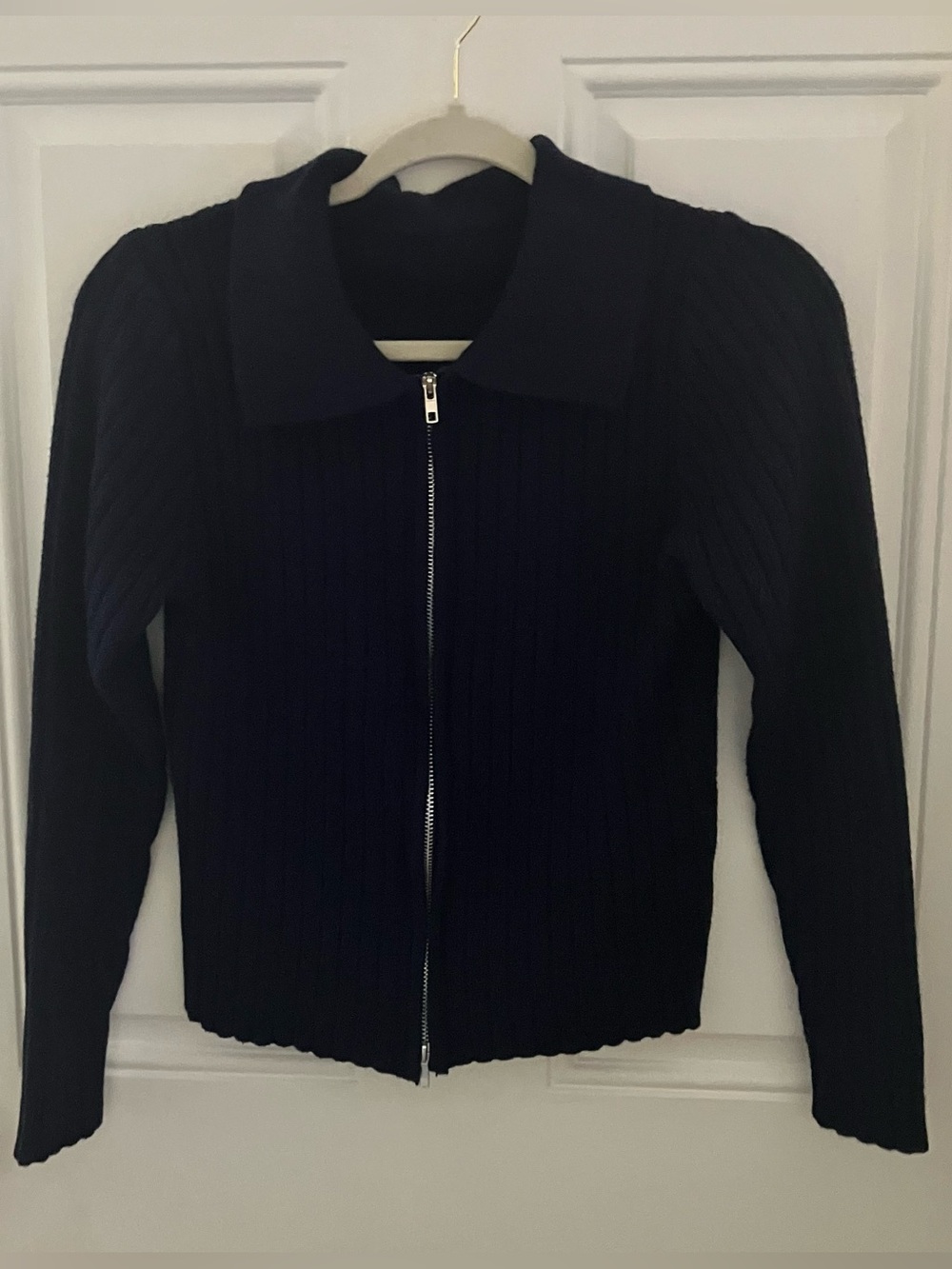 Navy Ribbed Two-Way Zip Cardigan-Small